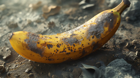 Rotten banana on soil, closeup. Pollution of natureの素材