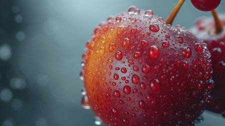 Macro closeup of red cherries with water drops on themの素材