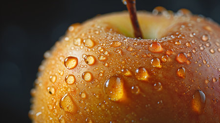 Close up of wet red apple with water drops on black background.の素材