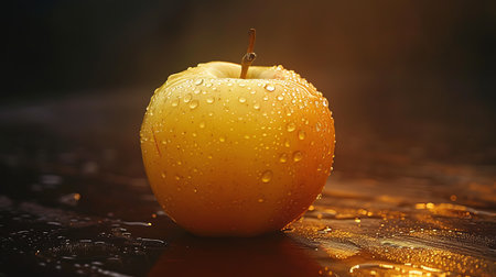 Yellow apple with water drops on a wet wooden surface. Close-up.の素材