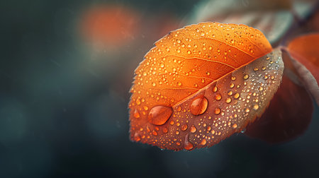 Beautiful autumn leaves with drops of water after rain on a dark backgroundの素材