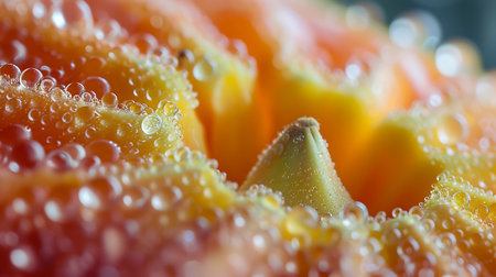 Water drops on fresh papaya fruit, closeup macro photography.の素材