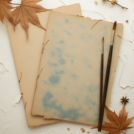 Vintage paper with autumn leaves and paintbrushes on white backgroundの素材