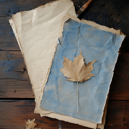 Old papers and maple leaf on rustic wooden background, top viewの素材