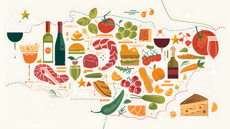 Vector illustration of food and drink in flat design style on white background.の素材