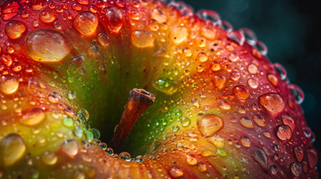 Macro of wet red apple with dew drops on green backgroundの素材
