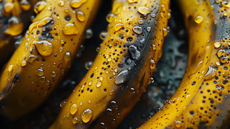 Close up of fresh bananas with water droplets on black background.の素材