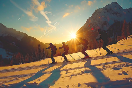 Group of skiers on the snow in the mountains at sunset.の素材
