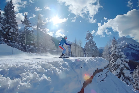 Skier skiing downhill in high mountains during sunny day. Winter sportsの素材