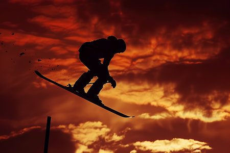 Silhouette of a snowboarder jumping against a sunset skyの素材
