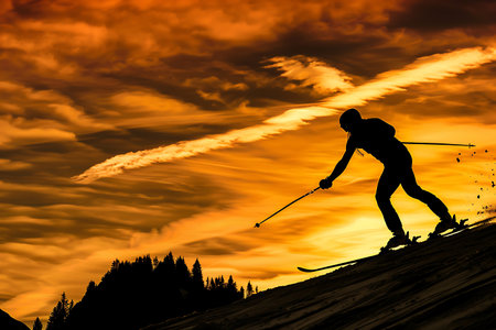 Skier skiing in the mountains against the backdrop of a beautiful sunsetの素材