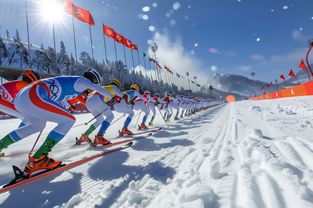 3D CG rendering of cross-country skiers in the snowの素材