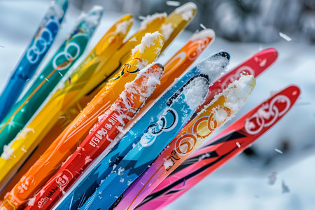 Close-up of a group of colorful ski poles in the snowの素材