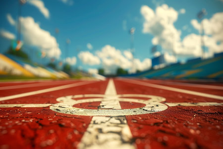 Running track on blue sky background with white clouds, 3d renderingの素材