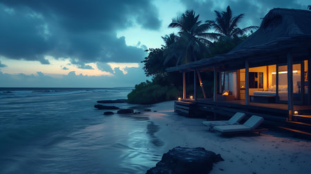 Illuminated bungalow on the beach at sunset, 3d renderの素材
