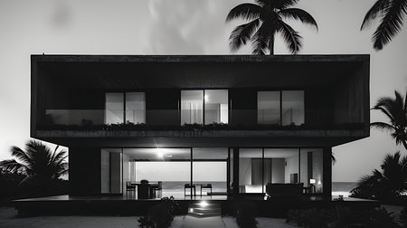 3d rendering of modern luxury house with pool and sea view.の素材