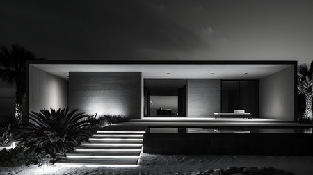 3d rendering of modern house with pool and terrace at nightの素材