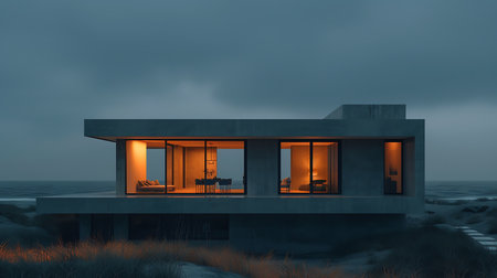 3d rendering of modern cozy house with pool and parking for sale or rent in luxurious style by the sea or ocean. Clear summer night with soft light from window.の素材