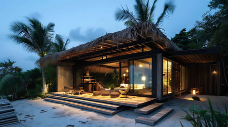 3d rendering of modern cozy house with pool and parking for sale or rent in luxurious style on the beach at night.の素材