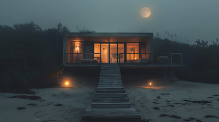House on the beach at night with full moon. 3d renderingの素材