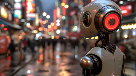 3D rendering of a robot in a city street at night.の素材
