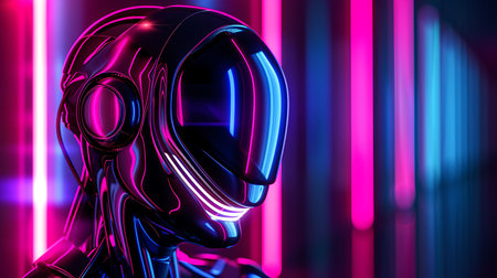 Cyborg in neon light. Futuristic concept. 3D Renderingの素材