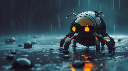 Robot in rain. 3d rendering. Computer digital drawing.の素材