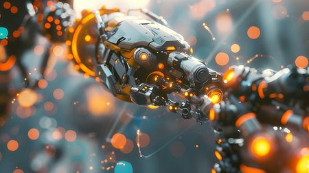 3d rendering robot hand on blurred background with bokeh lightsの素材