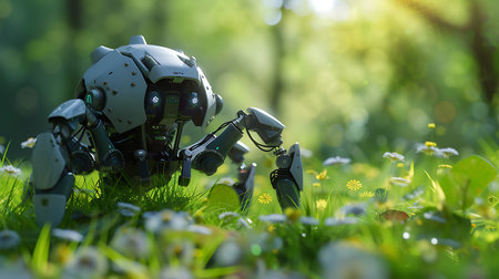 Robot on green grass with flowers in the forest. 3d rendering.の素材