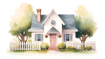House with white picket fence. Vector illustration. Eps 10.の素材