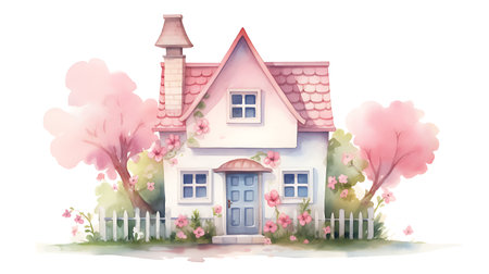 Cute cartoon house with cherry blossoms. Watercolor illustration.の素材