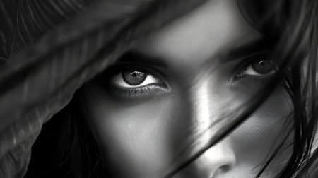 Beautiful young woman with long black hair. Black and white photos.の素材