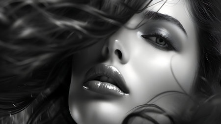 Portrait of a beautiful young woman with long curly hair and red lipsの素材