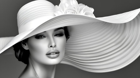 3d illustration of a beautiful woman in a hat with white flowersの素材