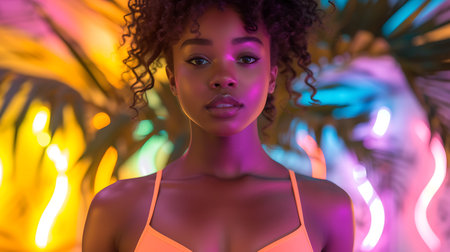 Portrait of beautiful African American woman in swimsuit against neon lightsの素材