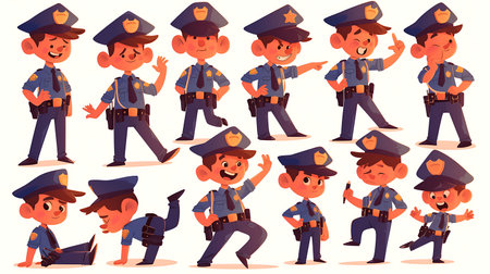 Policeman in different poses and actions. Cartoon vector illustration.の素材
