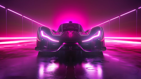 3D rendering of a futuristic car with neon lights on the backgroundの素材