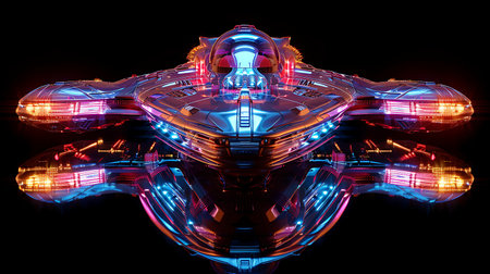 3D Illustration of Alien Spaceship with Reflection on Black Backgroundの素材