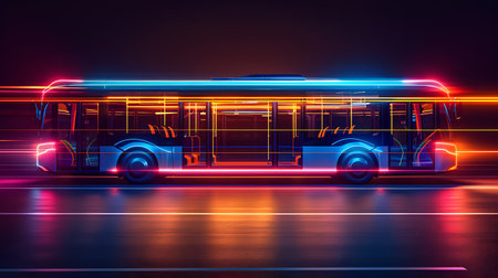 Bus on the road at night with neon lights. 3d renderingの素材