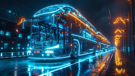 Modern electric bus in the night city. 3d rendering toned imageの素材