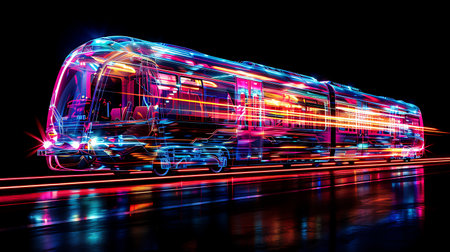 Passenger bus with neon lights on the road. 3d renderingの素材