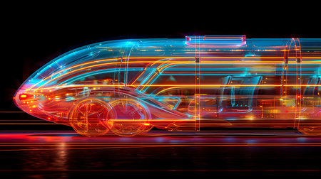 High speed train with neon lights on a black background. 3d renderingの素材