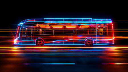 bus with neon lights on a dark background. 3d rendering.の素材