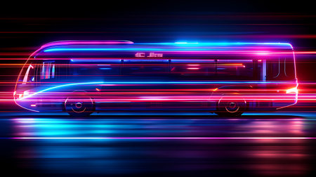 3d rendering of a bus with neon lights on a dark backgroundの素材