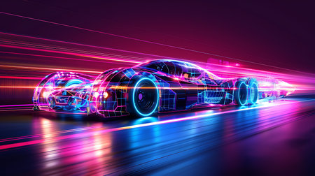 3D rendering of a futuristic car with neon light trails on a dark backgroundの素材