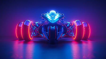 3D rendering of a futuristic robot in neon light isolated on dark backgroundの素材