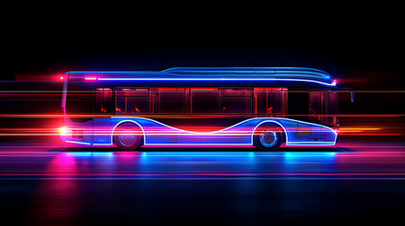 Bus with neon lights on a dark background. 3d rendering.の素材