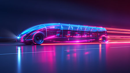3D rendering of a brand-less generic bus with neon lightsの素材