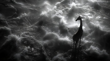 Giraffe in the water. Black and white image. 3d renderingの素材