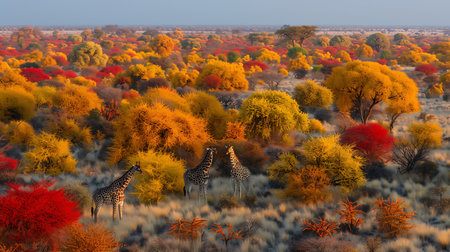 Giraffes and autumn trees in the Okavango Delta, Botswanaの素材